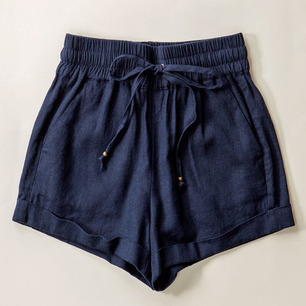 Navy Linen Waistband Shorts with String Tie